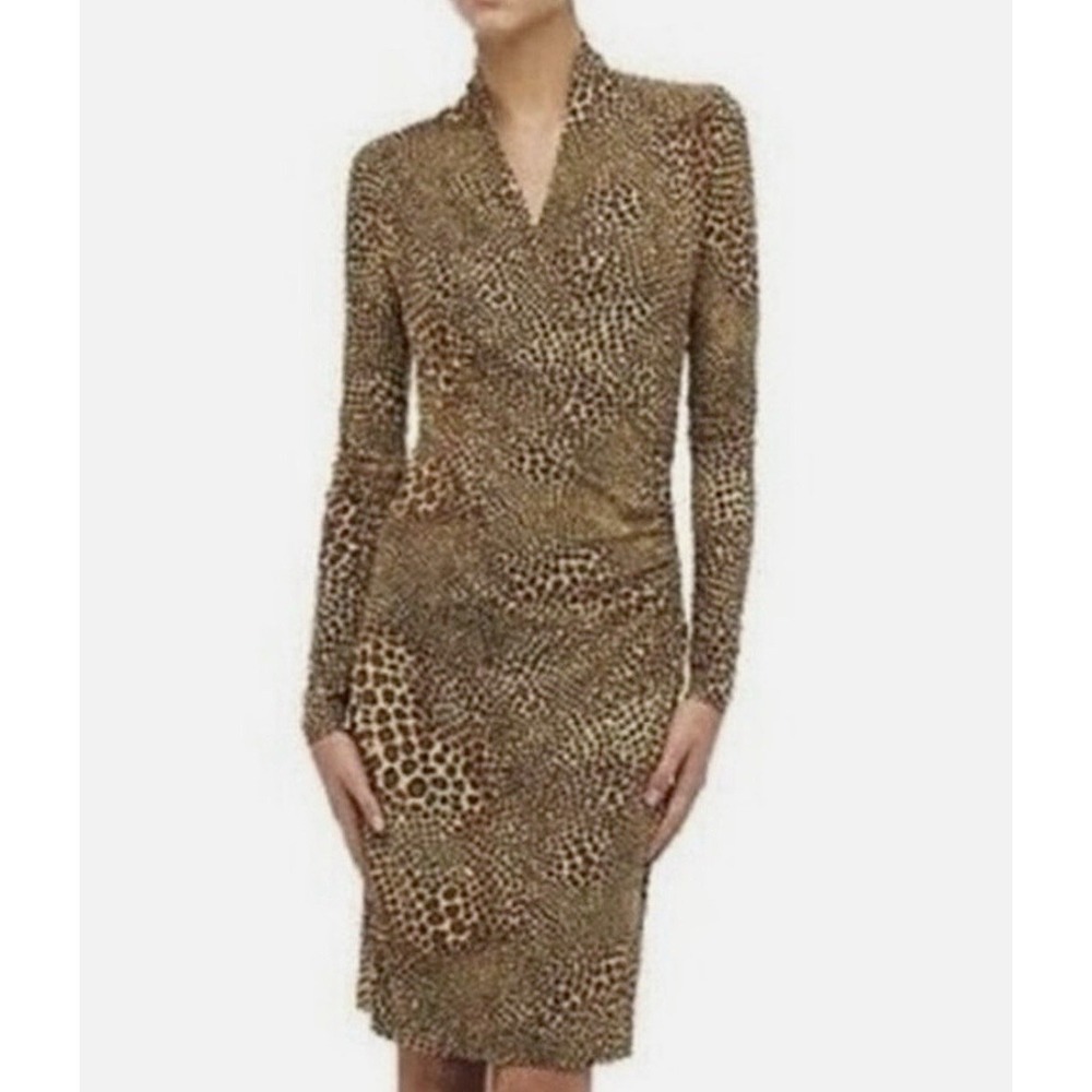 Norma Kamali Leopard Animal Print‎ Ruched Faux Wrap Dress XXL Brown Jersey